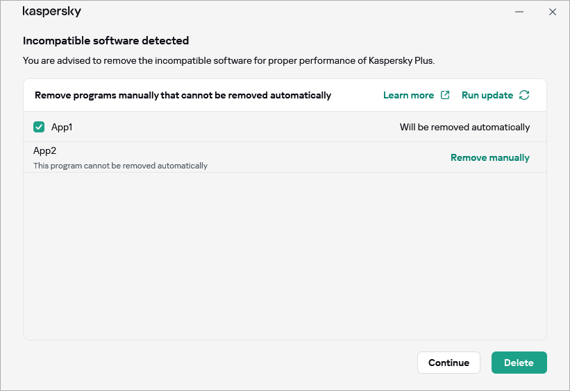 Window with the list of incompatible applications