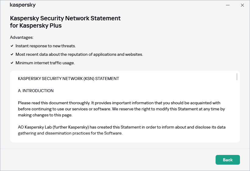 The Kaspersky Security Network Statement acceptance window