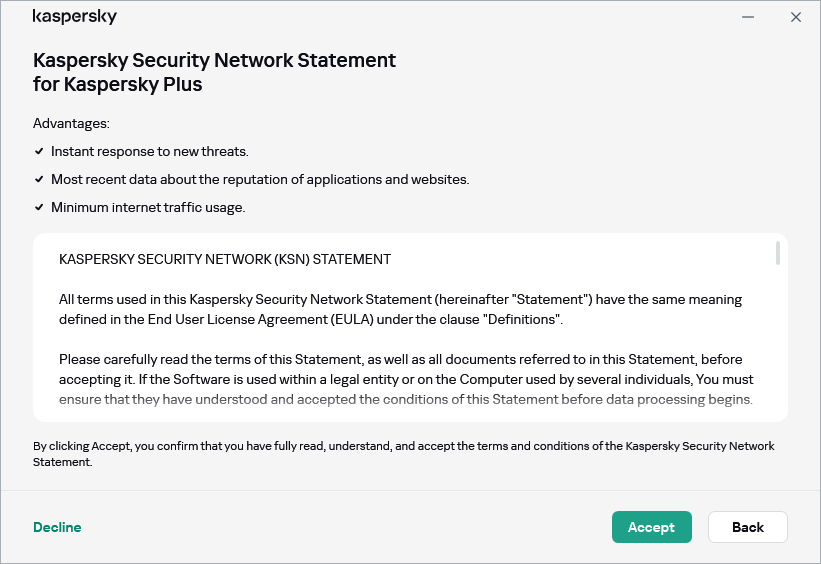 The GDPR Kaspersky Security Network Statement acceptance window