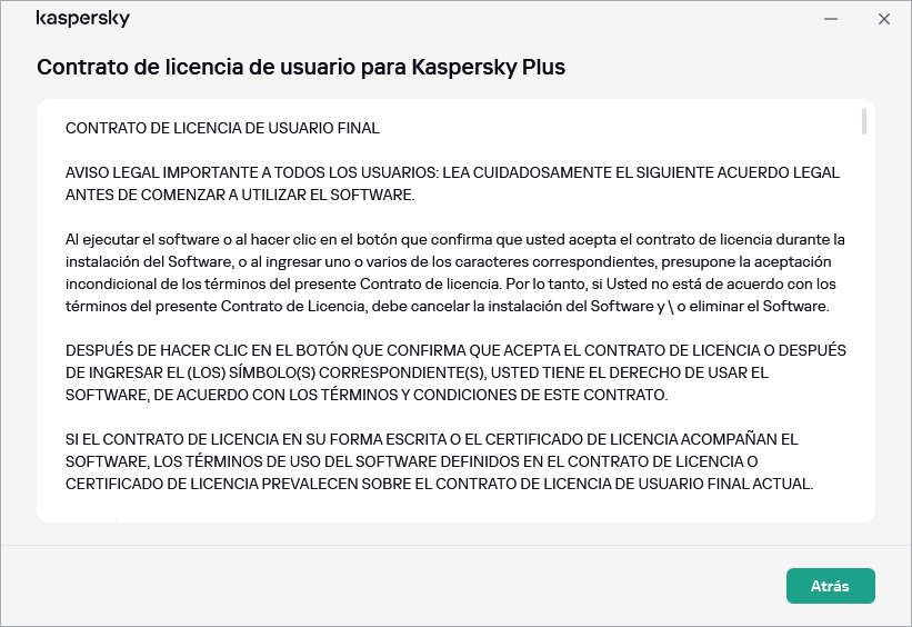 La ventana que contiene el texto del Contrato de licencia de usuario final.