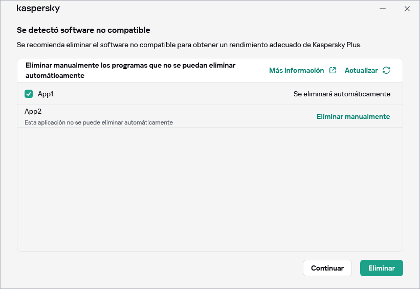 Ventana con la lista de aplicaciones incompatibles