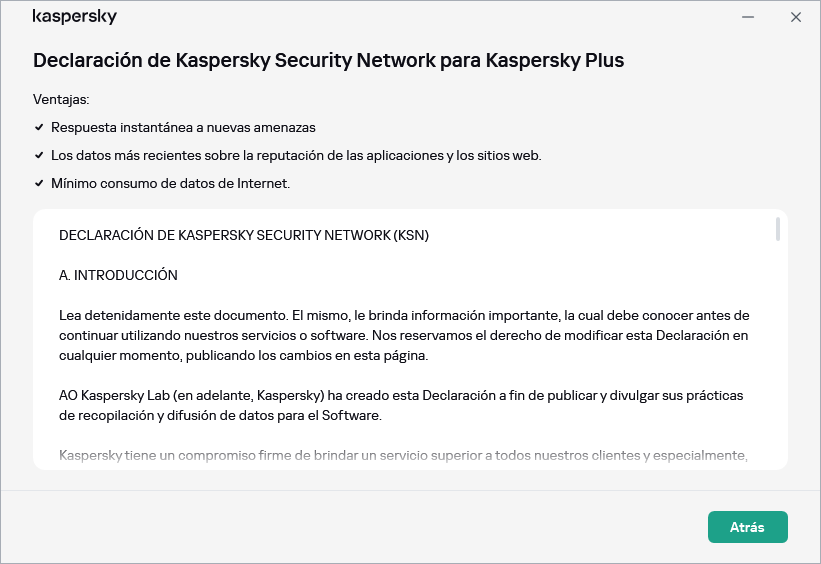 La ventana de aceptación de la Declaración de Kaspersky Security Network