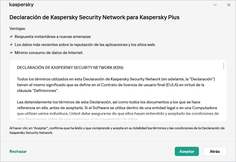 La ventana de aceptación de la Declaración de Kaspersky Security Network de GDPR