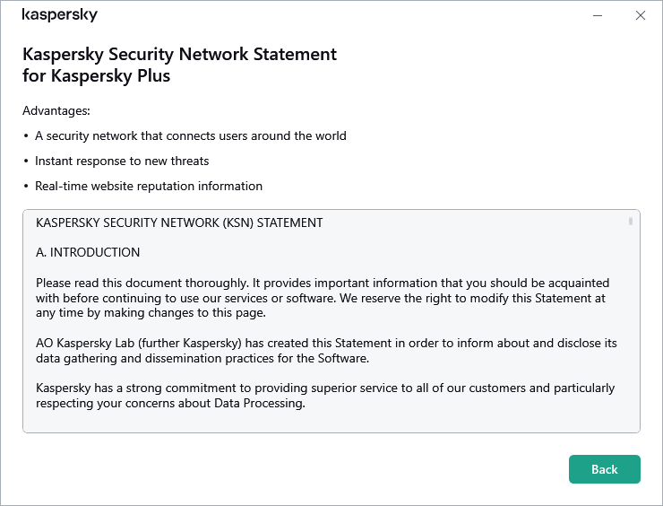 Kaspersky Security Network Beyanı kabul penceresi açılır