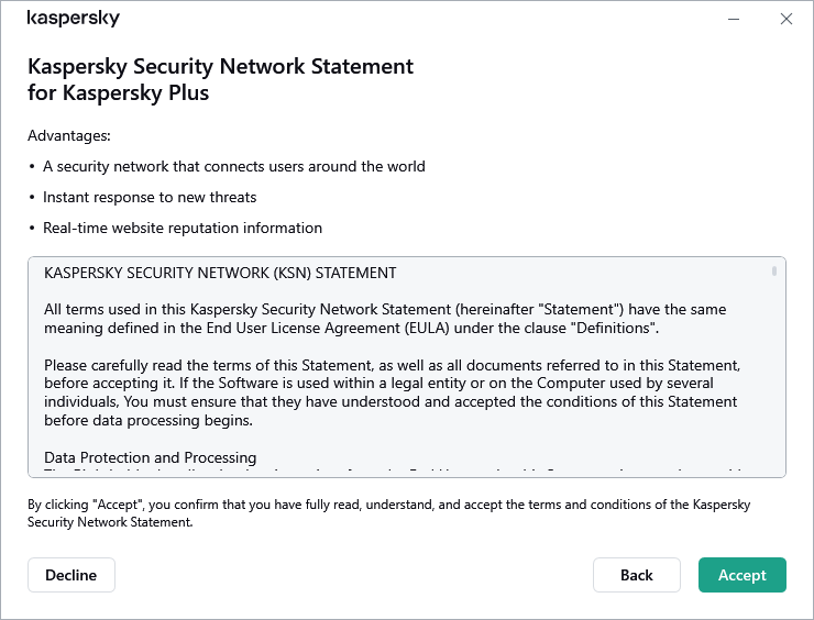 GDPR Kaspersky Security Network Beyanı kabul penceresi