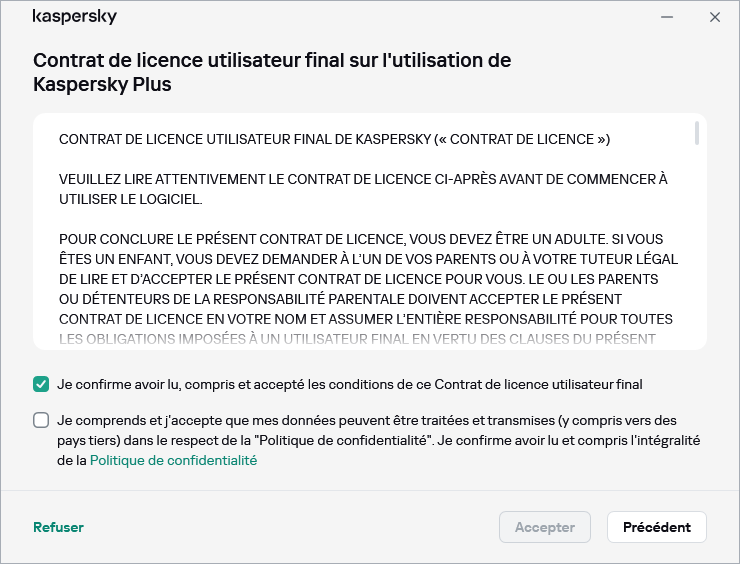 La fenêtre d'acceptation du contrat de licence RGPD