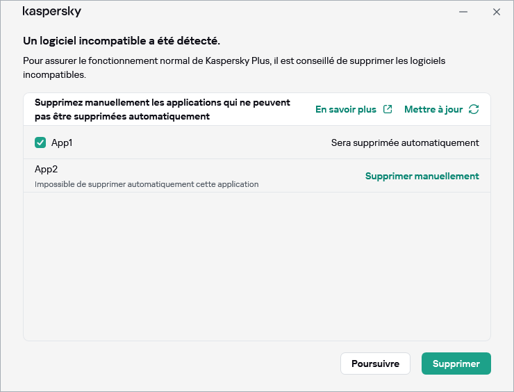 Fenêtre avec la liste des applications incompatibles
