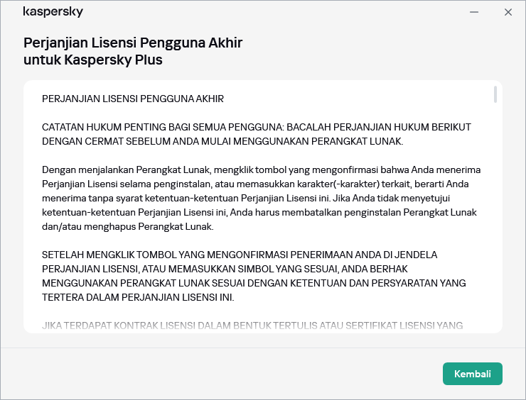 Jendela yang berisi teks Perjanjian Lisensi Pengguna Akhir