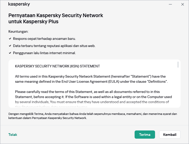 Jendela penerimaan Pernyataan Kaspersky Security Network GDPR