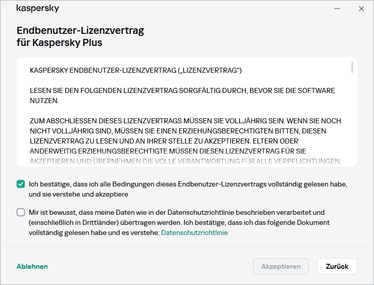 Fenster zum Akzeptieren der DSGVO für den Endbenutzer-Lizenzvertrag