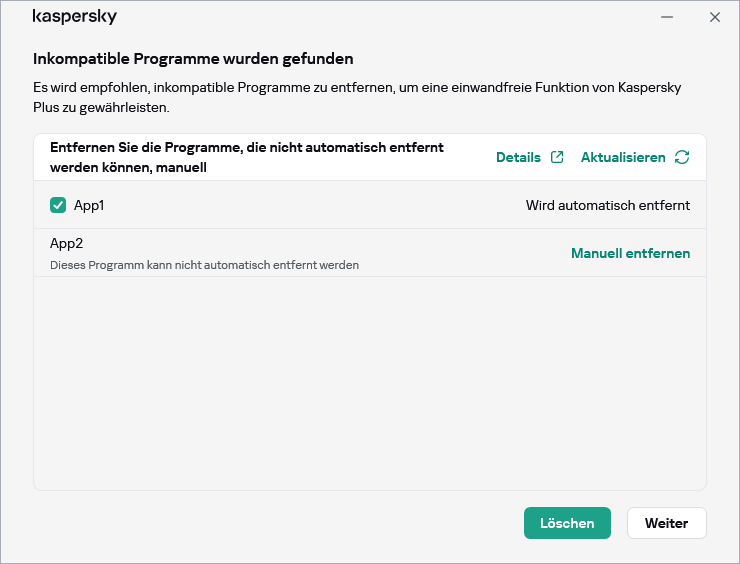 Fenster mit der Liste der inkompatiblen Apps