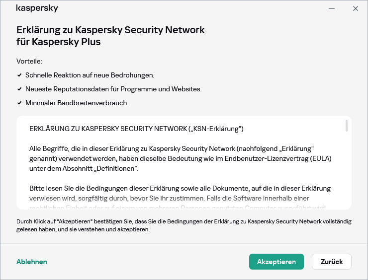 Fenster zum Akzeptieren der DSGVO für die Erklärung zu Kaspersky Security Network