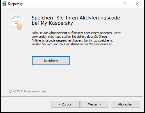Fenster zum Speichern eines Abonnements in My Kaspersky