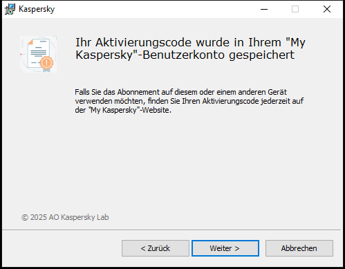 Fenster mit einem Abonnement, das erfolgreich im „My Kaspersky“-Benutzerkonto gespeichert wurde