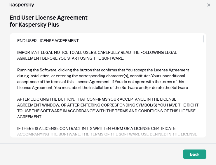 Window containing the text of the End User License Agreement