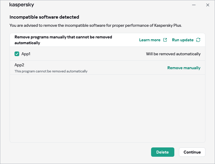 Window with the list of incompatible applications