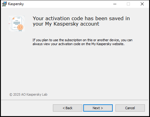 Window with successfully saved subscription in My Kaspersky account