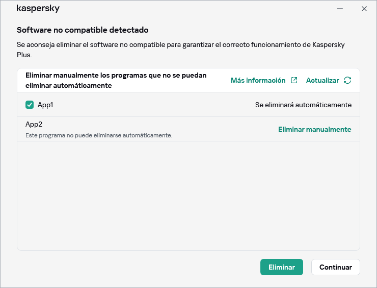 Ventana con la lista de aplicaciones incompatibles