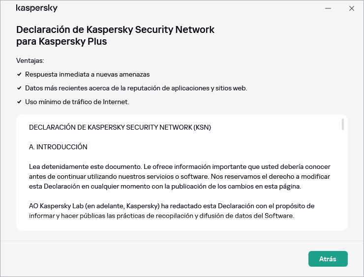 Ventana de aceptación de la declaración de Kaspersky Security Network.