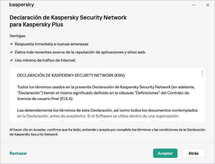 Ventana de aceptación de la declaración de Kaspersky Security Network de GDPR
