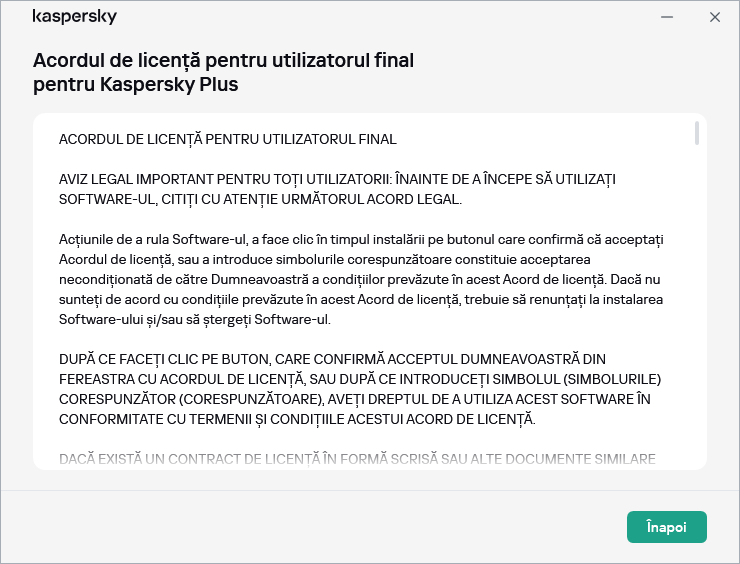 Fereastra conținând textul Acordului de licență pentru utilizatorul final