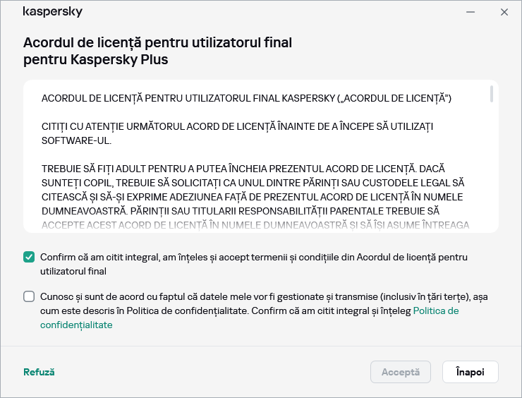 Fereastra de acceptare a acordului de licență GDPR