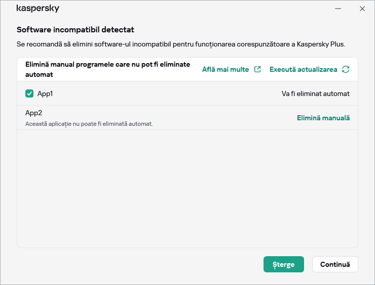 Fereastra cu lista aplicațiilor incompatibile