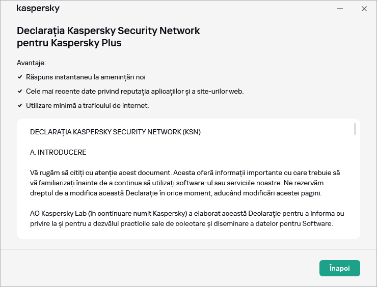 Fereastra de acceptare a Declarației Kaspersky Security Network