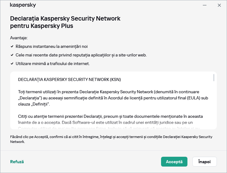 Fereastra RGPD de acceptare a Declarației Kaspersky Security Network