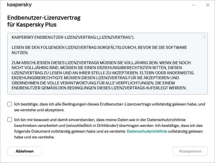 Fenster zum Akzeptieren der DSGVO für den Endbenutzer-Lizenzvertrag