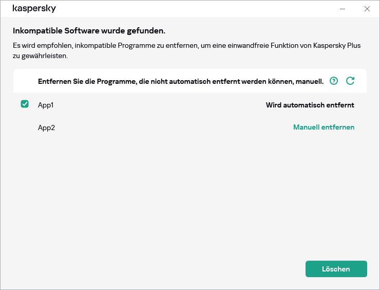 Fenster mit der Liste der inkompatiblen Apps
