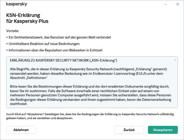 Fenster zum Akzeptieren der DSGVO für die Erklärung zu Kaspersky Security Network