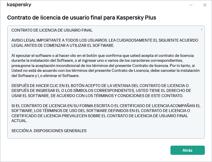 La ventana que contiene el texto del Contrato de licencia de usuario final.