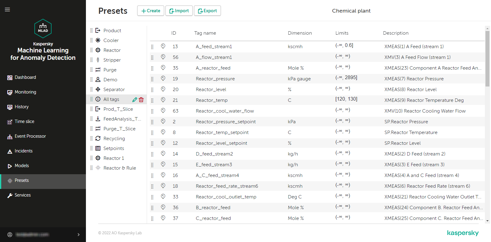The Presets window of the section displays a list of available presets and a list of tags included in the selected preset.