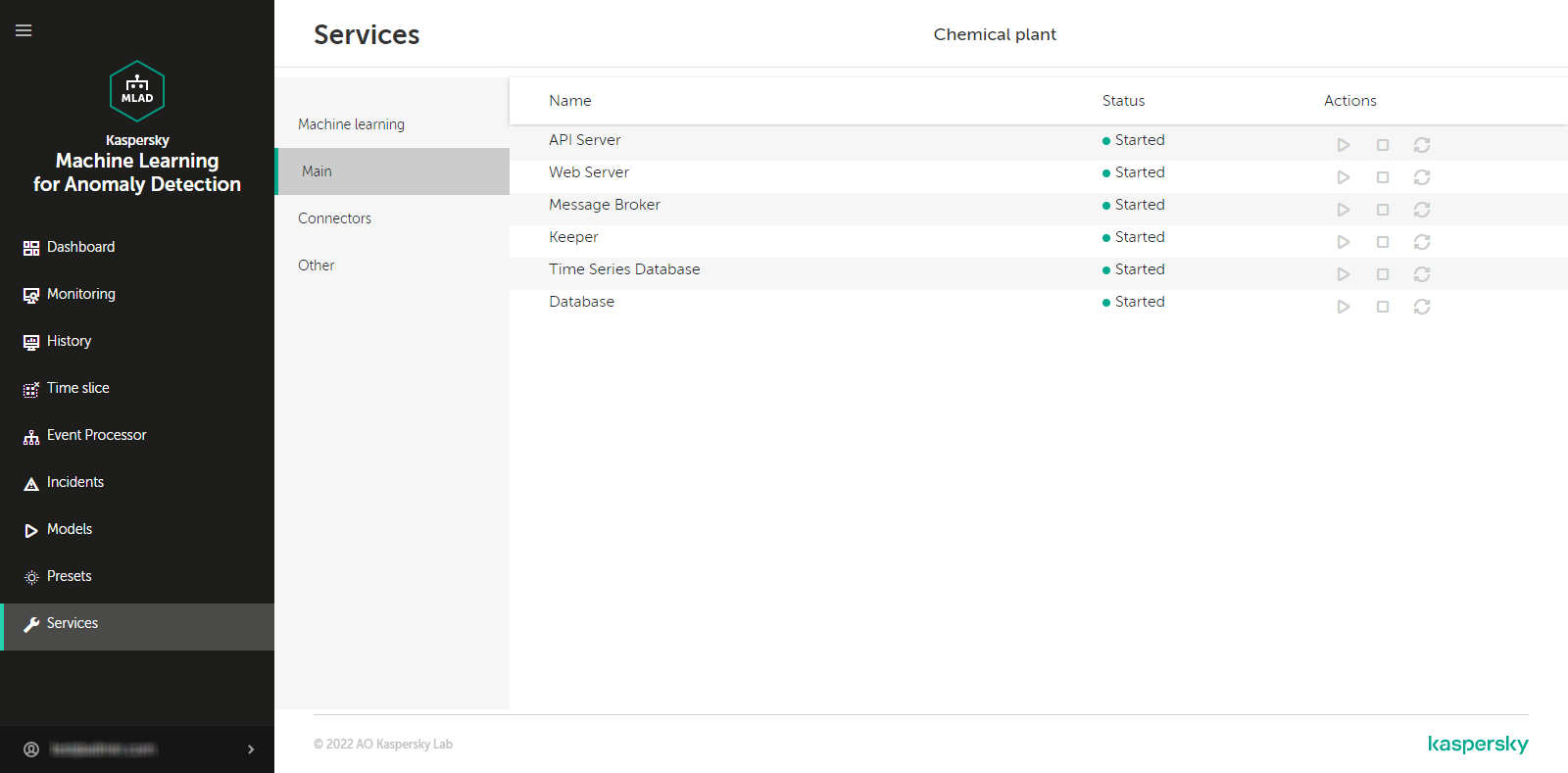 The window of the Services section contains a table with the information on the services and their statuses.