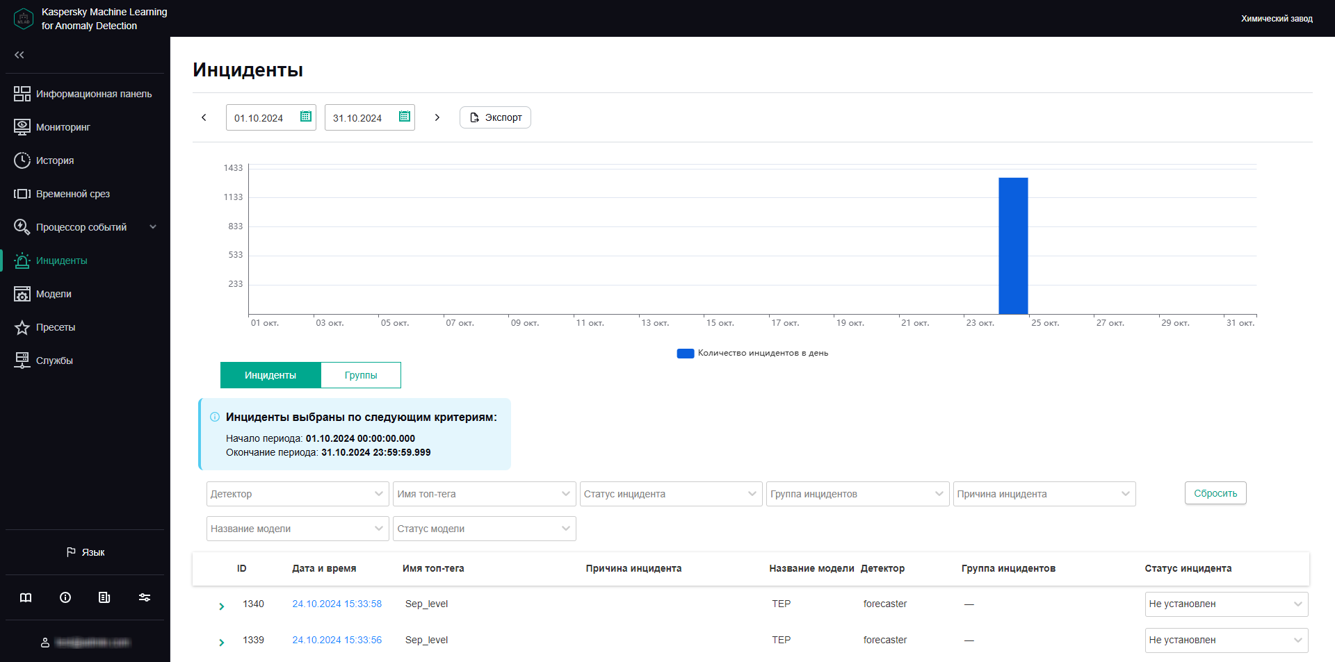 Вкладка "Инциденты" содержит таблицу с информацией о зарегистрированных инцидентах.