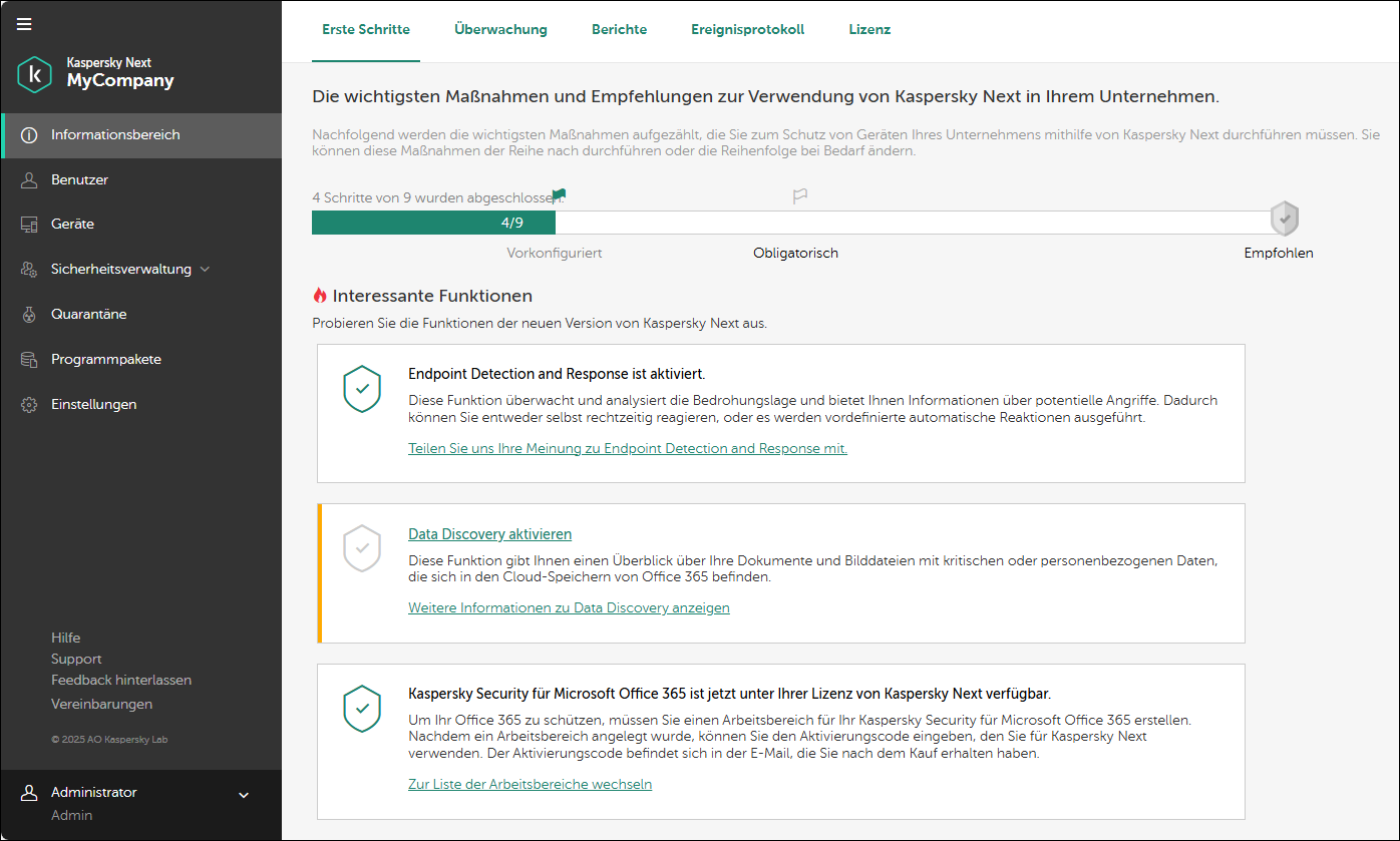 Informationsbereich → Fenster "Erste Schritte".