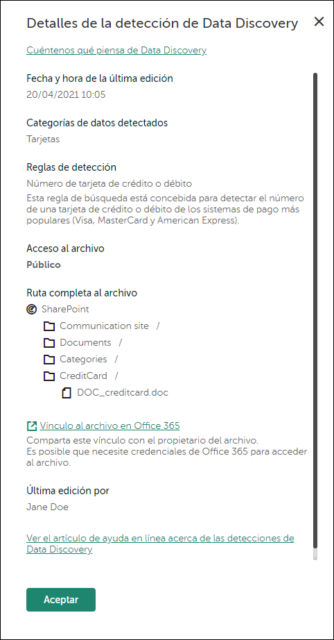Ventana de detalles de detección de Data Discovery