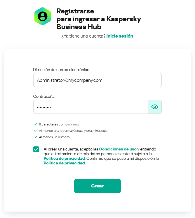 Regístrese para ingresar a la ventana de Kaspersky Business Hub.