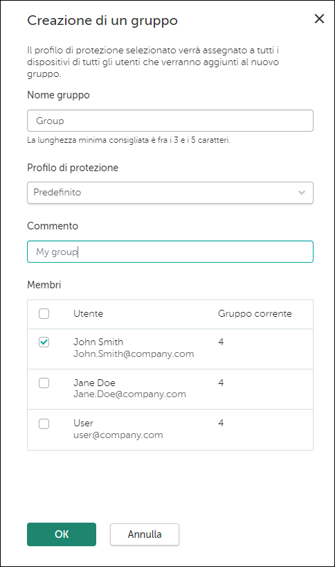 Creazione di una finestra di gruppo.