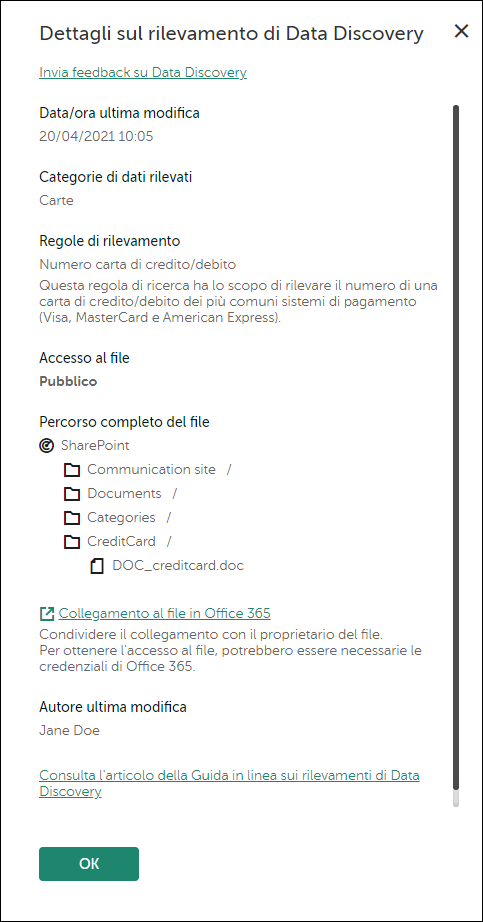 Finestra dei dettagli sul rilevamento di Data Discovery.