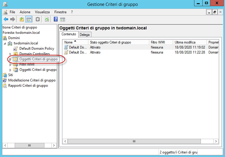 Finestra Gestione criteri di gruppo. Nodo Oggetti criteri di gruppo.