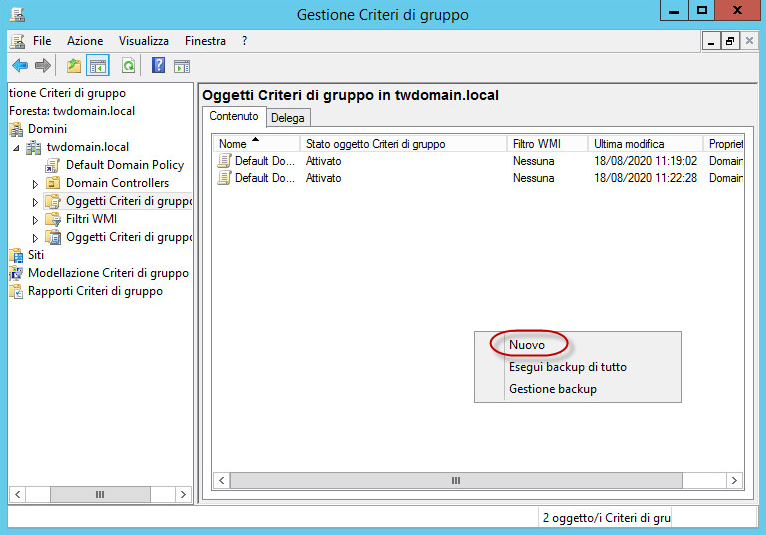 Finestra Gestione criteri di gruppo. Nuova voce del menu di scelta rapida.