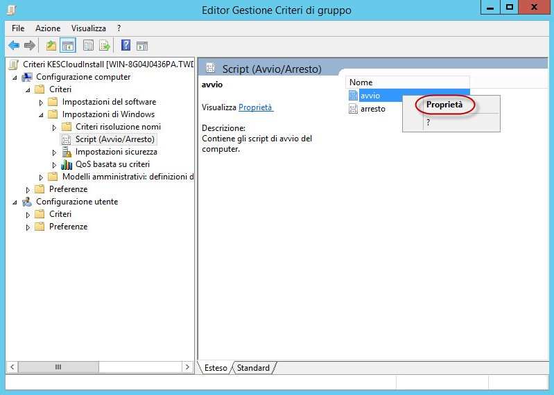 Finestra Gestione criteri di gruppo. Avvio → Voce del menu di scelta rapida Proprietà.