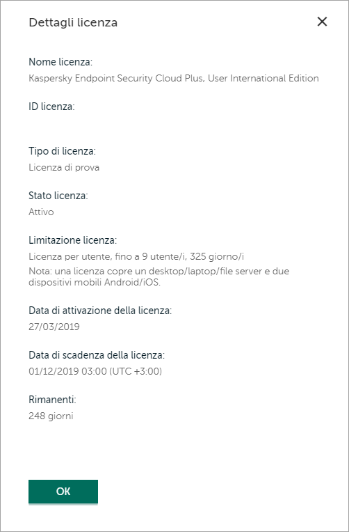 Finestra Dettagli licenza.