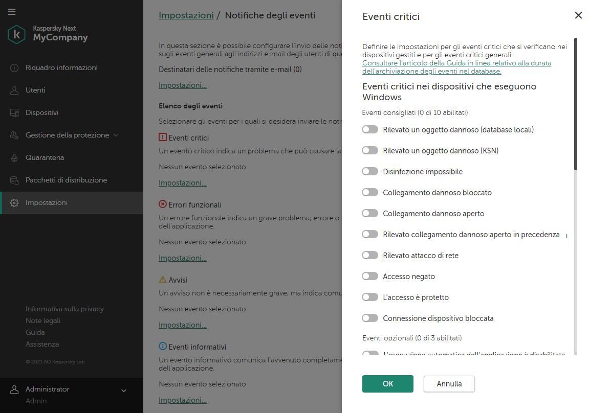 Impostazioni → Finestra Notifiche eventi. Flyout degli eventi critici.
