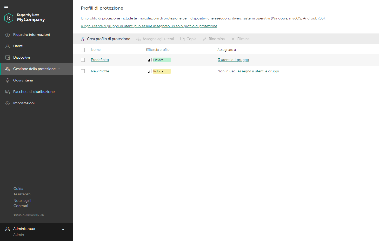 Finestra Profili di protezione.