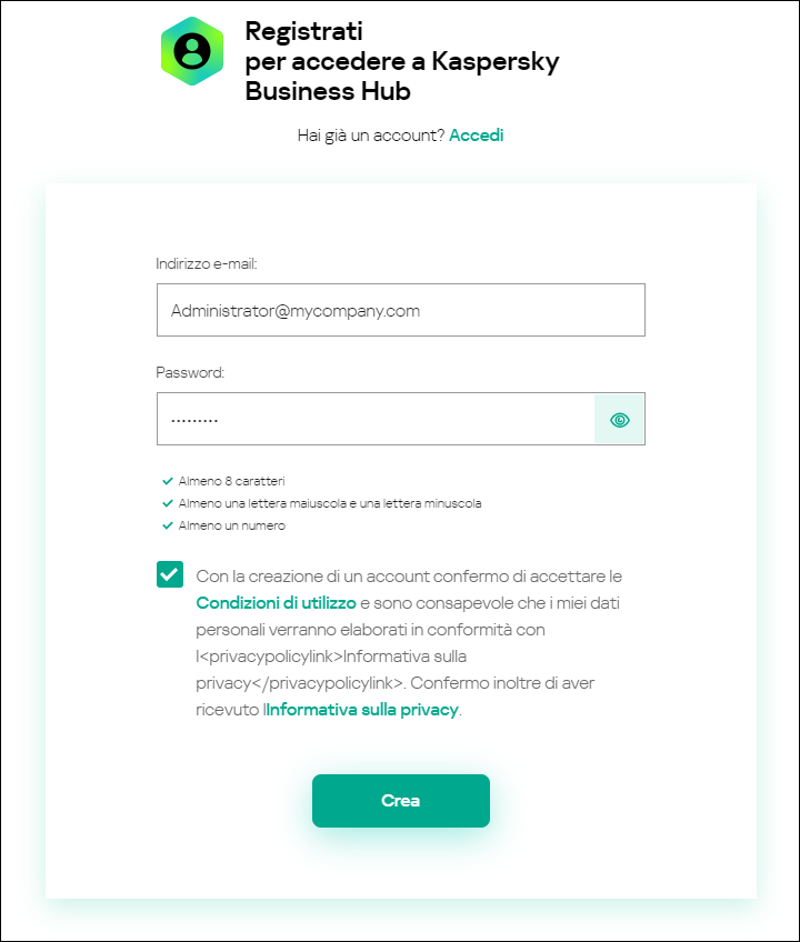 Finestra Registrati per accedere a Kaspersky Business Hub.