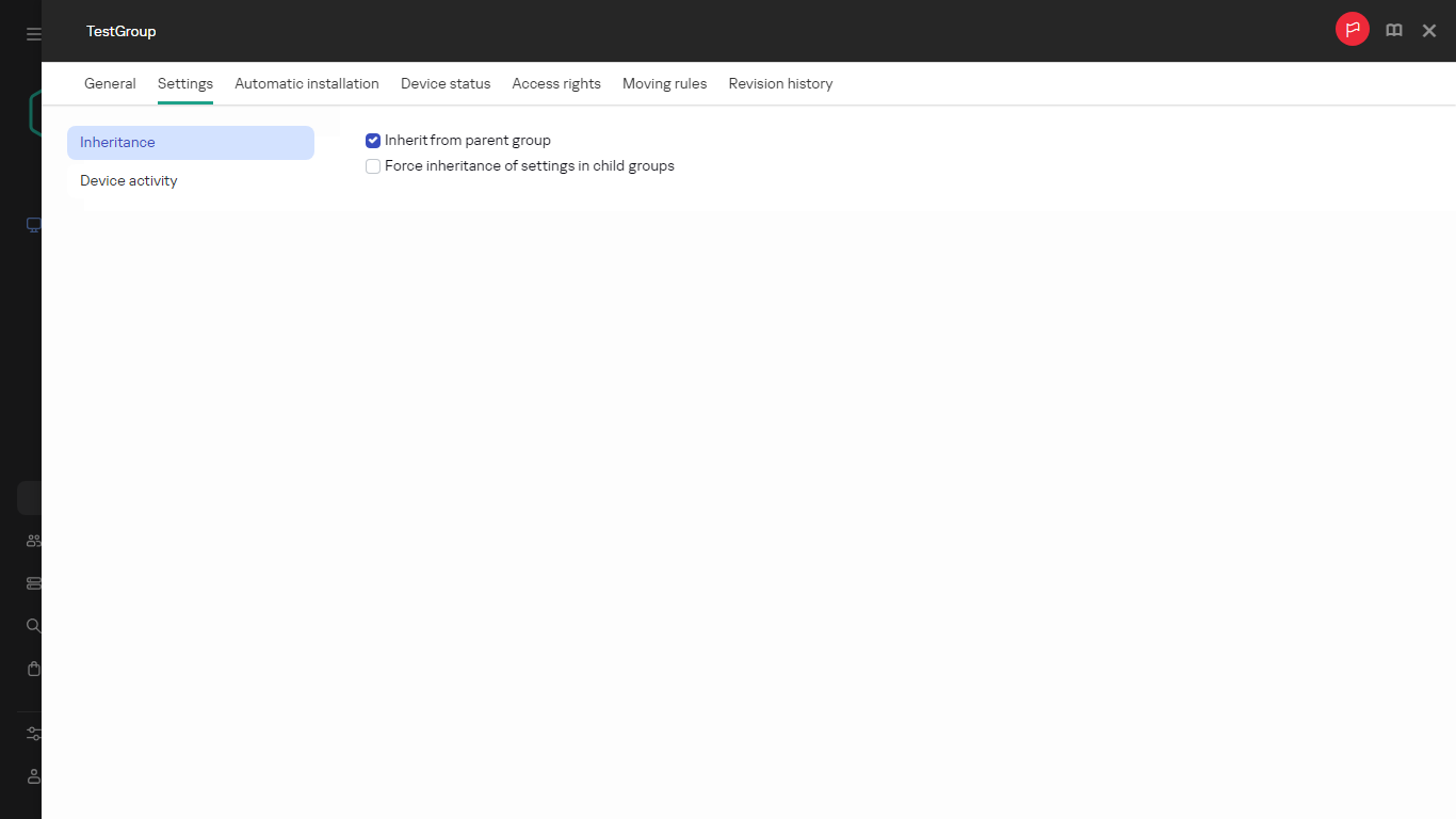 The Settings tab for the Test group.