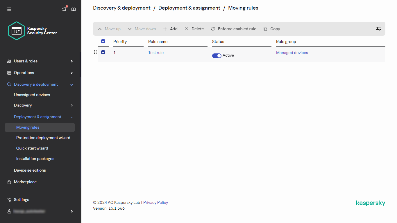 The selected row in the Moving rules section.